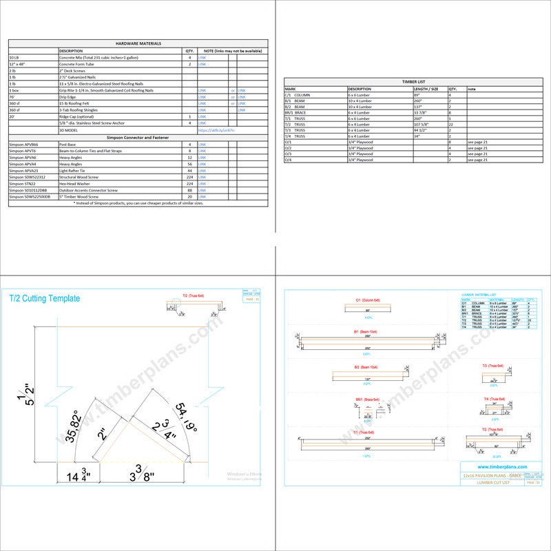 Gazebo Plan, Pavilion Plan, 12x16, Gable Roof, Wooden Carport DIY Blueprints with Material List and Cut List, village pavilion, garden pavilion, backyard pavilion,backyard gazebo plan, picnic gazebo plan, blueprint gazebo plan, blueprint pavilion