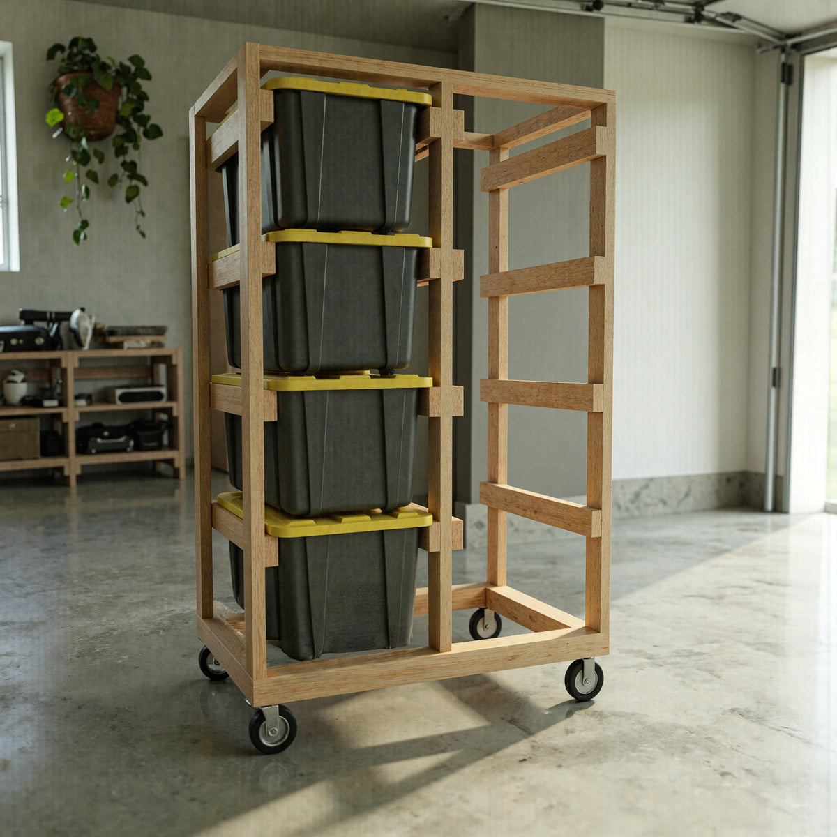DIY Rolling Tote Storage Rack Plans | 27 Gallon 8-Bin Garage Organizer
