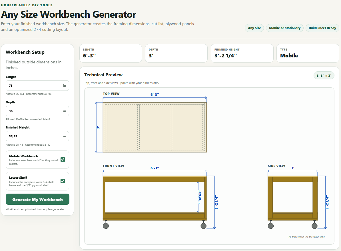 Workbench DIY Plans Generator | Custom Size Mobile or Stationary Workbench