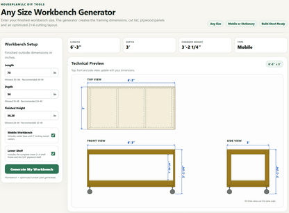 Workbench DIY Plans Generator | Custom Size Mobile or Stationary Workbench