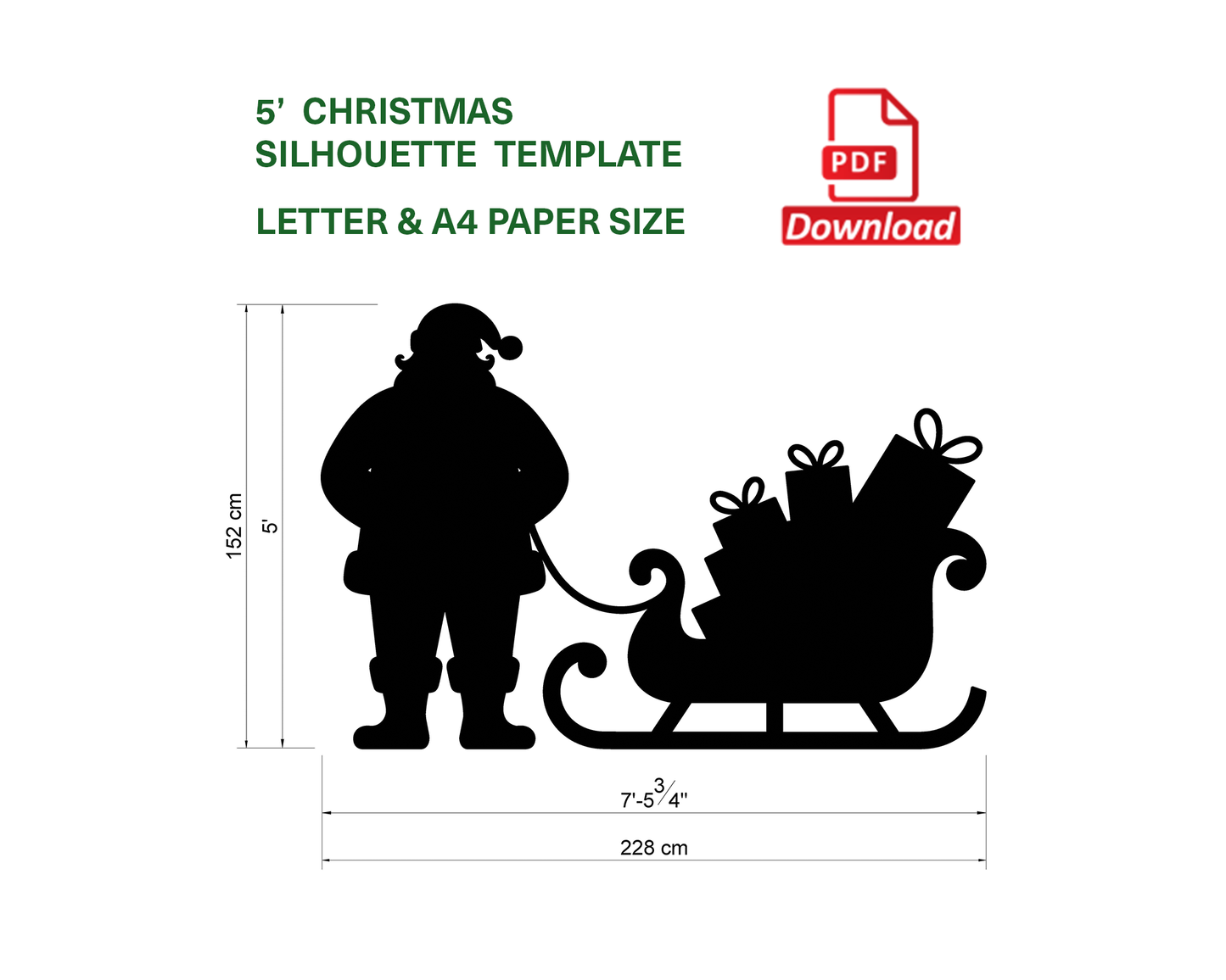 Santa Claus Decor / 5ft Standing Santa and His Sleigh Full of Gifts (PDF)