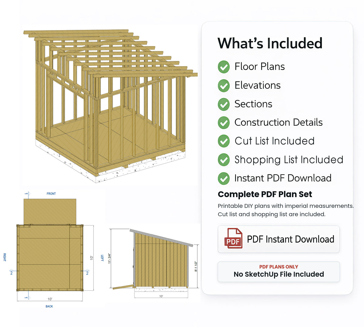 10x10 Lean-To Shed Floor Plans | DIY Sloped Roof Building