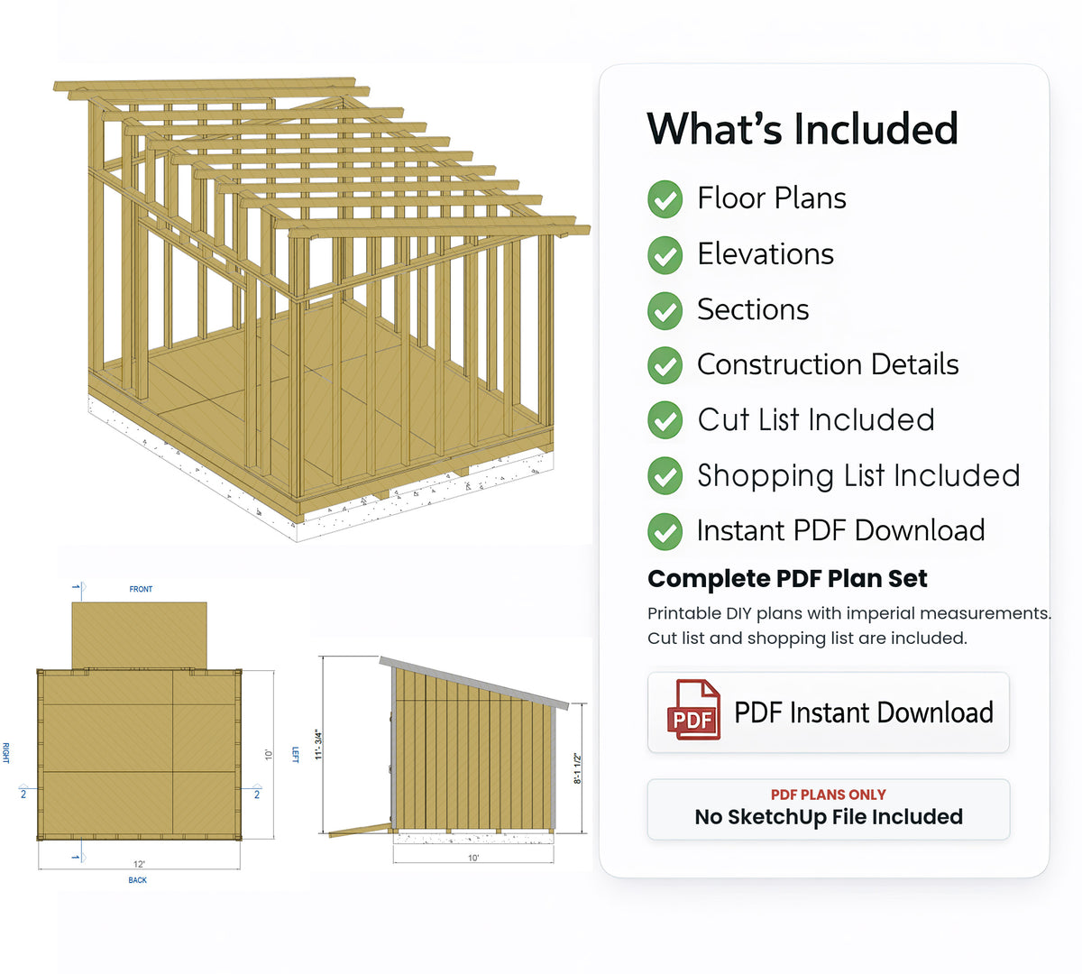 10x12 Lean-To Shed Plans | Backyard Utility Garden Tool Storage