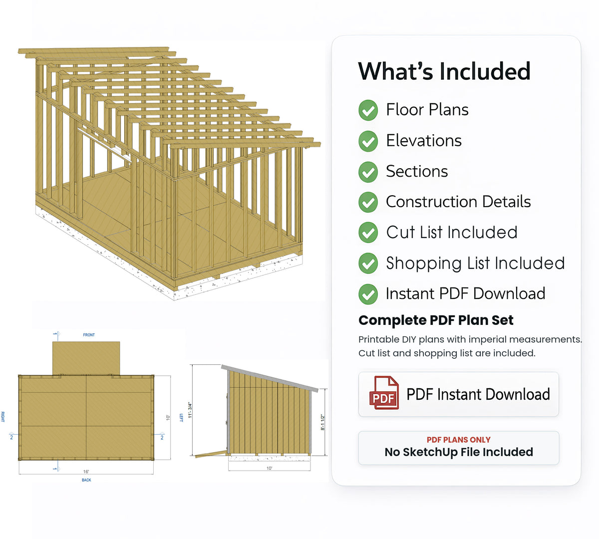 10x16 Lean-To Shed Plans | Sloped Roof Outdoor Storage Building