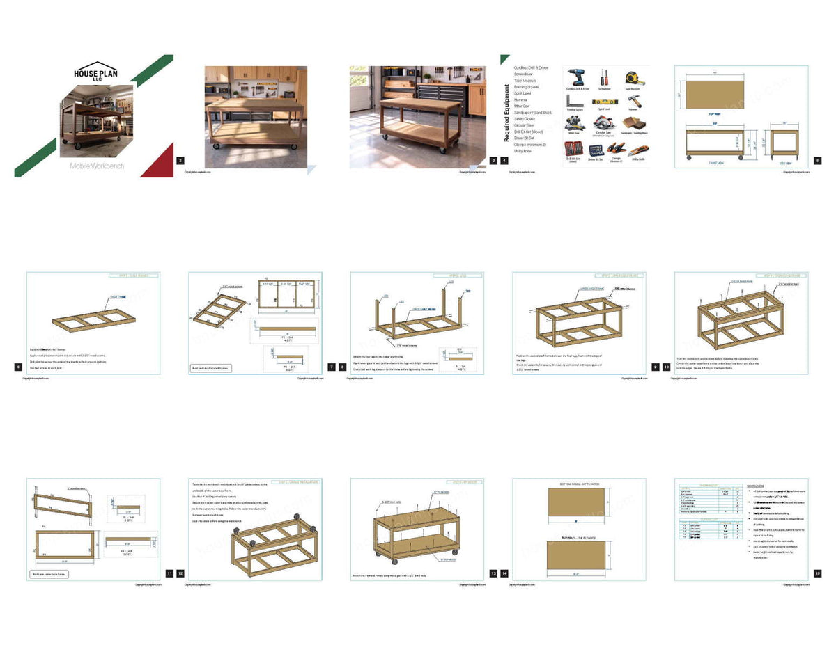 Workbench DIY Plans, Mobile Rolling Workbench, 2x4 Garage Work Table with Storage Shelf