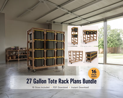 27 Gallon Tote Storage Rack Plans Bundle | 16 Mobile Rack Sizes