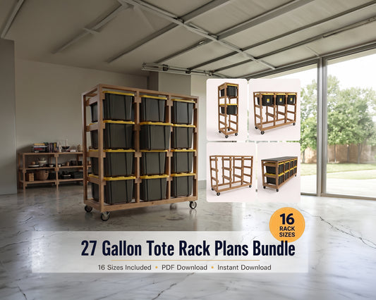 27 Gallon Tote Storage Rack Plans Bundle | 16 Mobile Rack Sizes