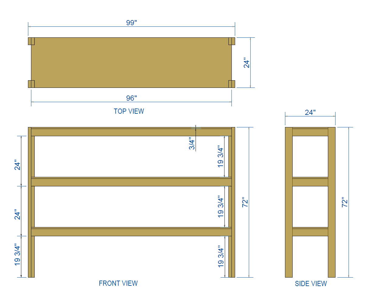 Garage Shelving Plans PDF | Reinforced 8ft Garage Storage Shelves | DIY 3-Tier Shelf Plans