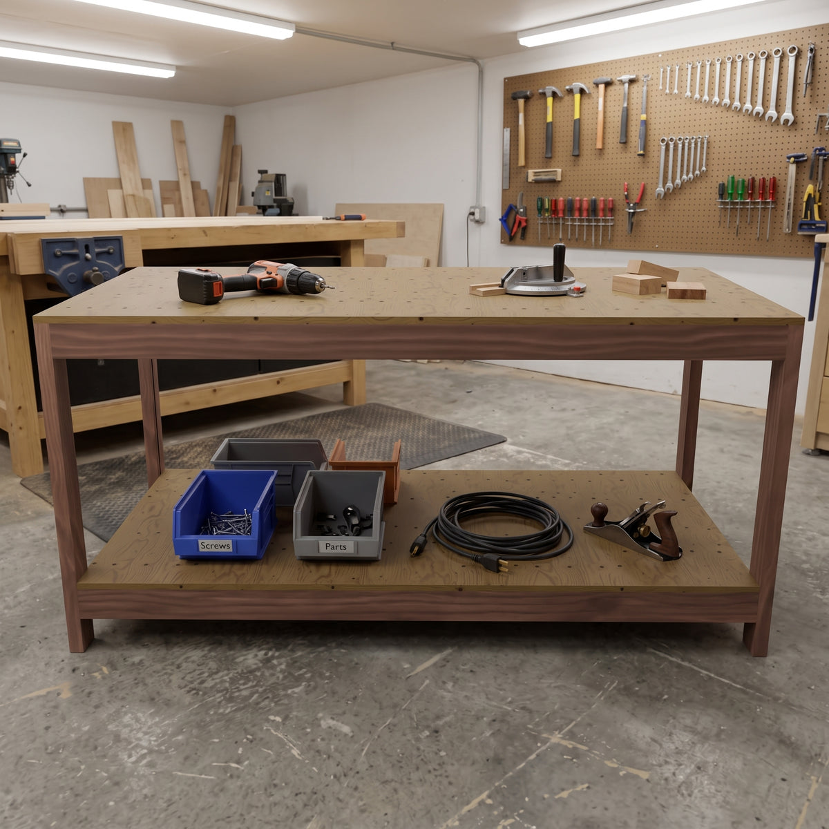 Workbench DIY Plans, Simple 2x4 Garage Workbench with Storage Shelf