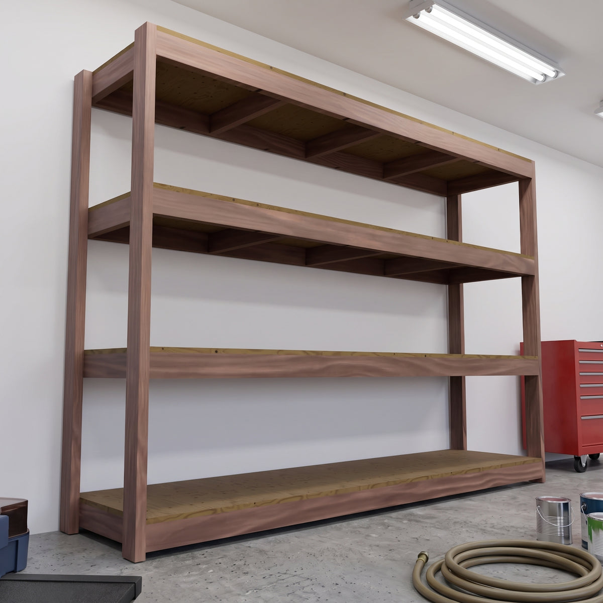 Garage Shelving Plans PDF | 4-Tier Garage Storage Shelves | 8 Ft DIY 2x4 & Plywood Shelf Plan