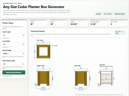 Cedar Planter Box Plans Any Size | DIY Raised Planter Generator | Custom Cut List & Shopping List