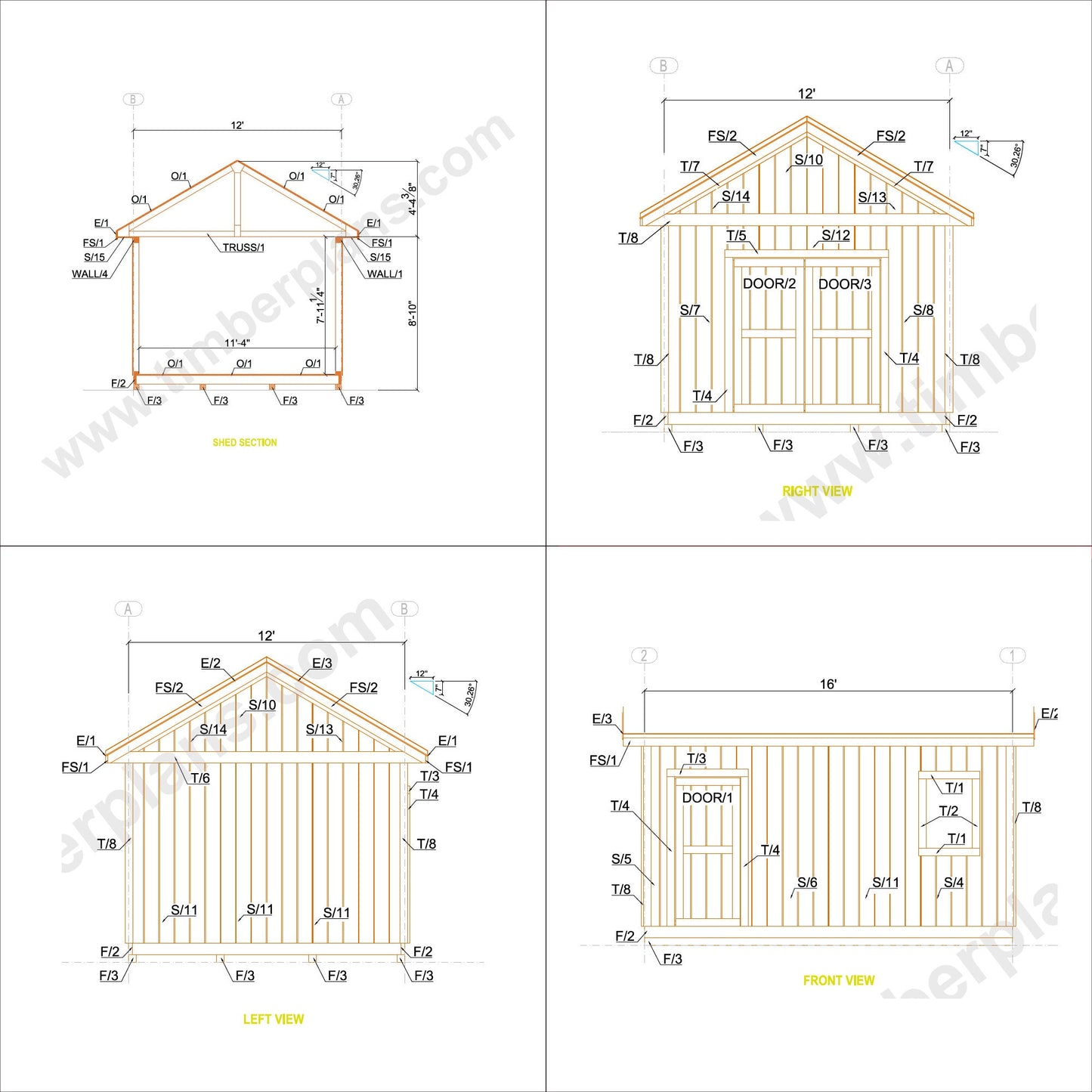 Garden Shed Plans, 12x16 Shed Plans, Barn Plans, Cabin Plans, Office Shed Plans, Backyard Shed Plan, Shed Blueprint DIY, 2 Door Shed, Storage Shed, Storage Barn Plan, Step by step build shed, easy to build shed plan, shed sketchup model, shed render