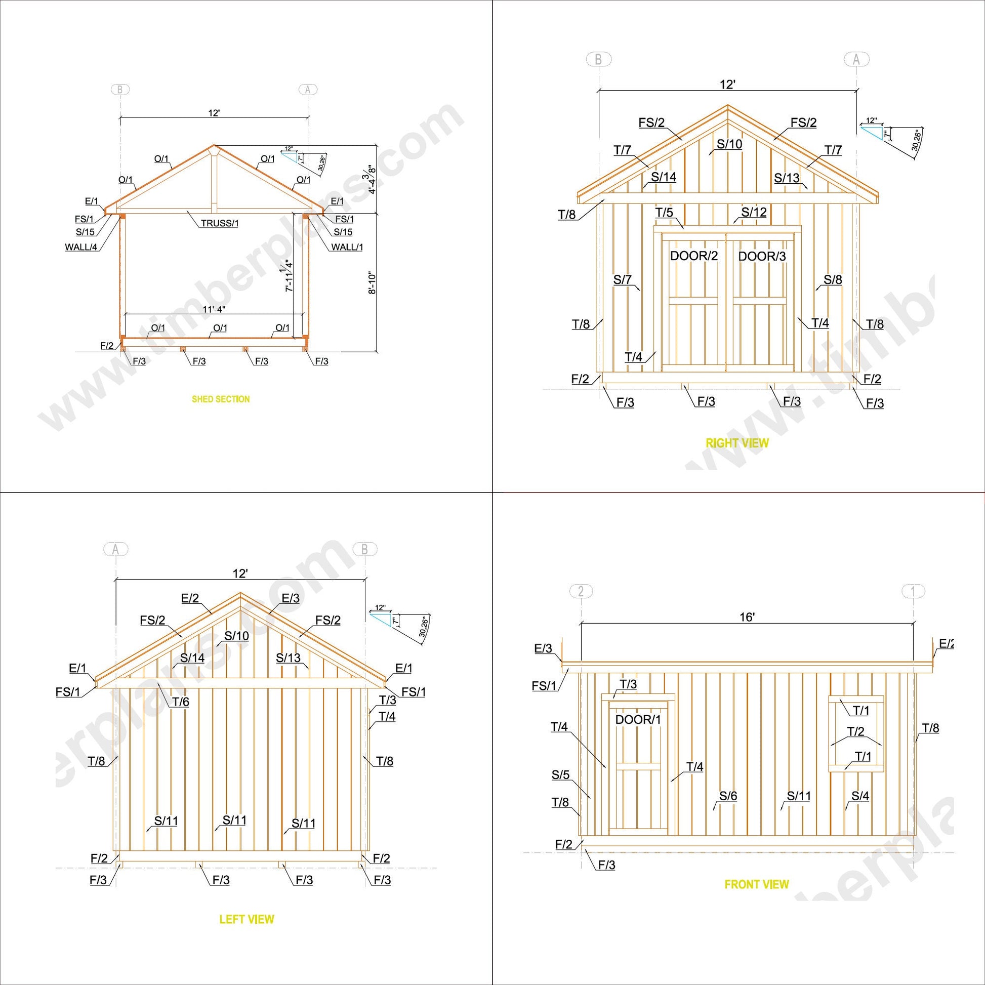 Garden Shed Plans, 12x16 Shed Plans, Barn Plans, Cabin Plans, Office Shed Plans, Backyard Shed Plan, Shed Blueprint DIY, 2 Door Shed, Storage Shed, Storage Barn Plan, Step by step build shed, easy to build shed plan, shed sketchup model, shed render
