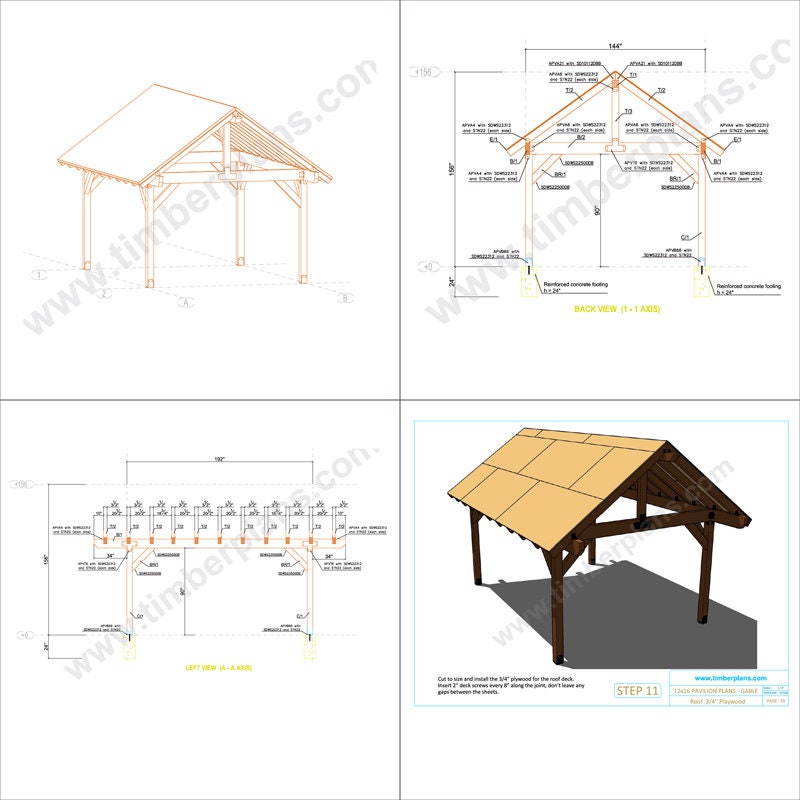 Gazebo Plan, Pavilion Plan, 12x16, Gable Roof, Wooden Carport DIY Blueprints with Material List and Cut List, village pavilion, garden pavilion, backyard pavilion,backyard gazebo plan, picnic gazebo plan, blueprint gazebo plan, blueprint pavilion