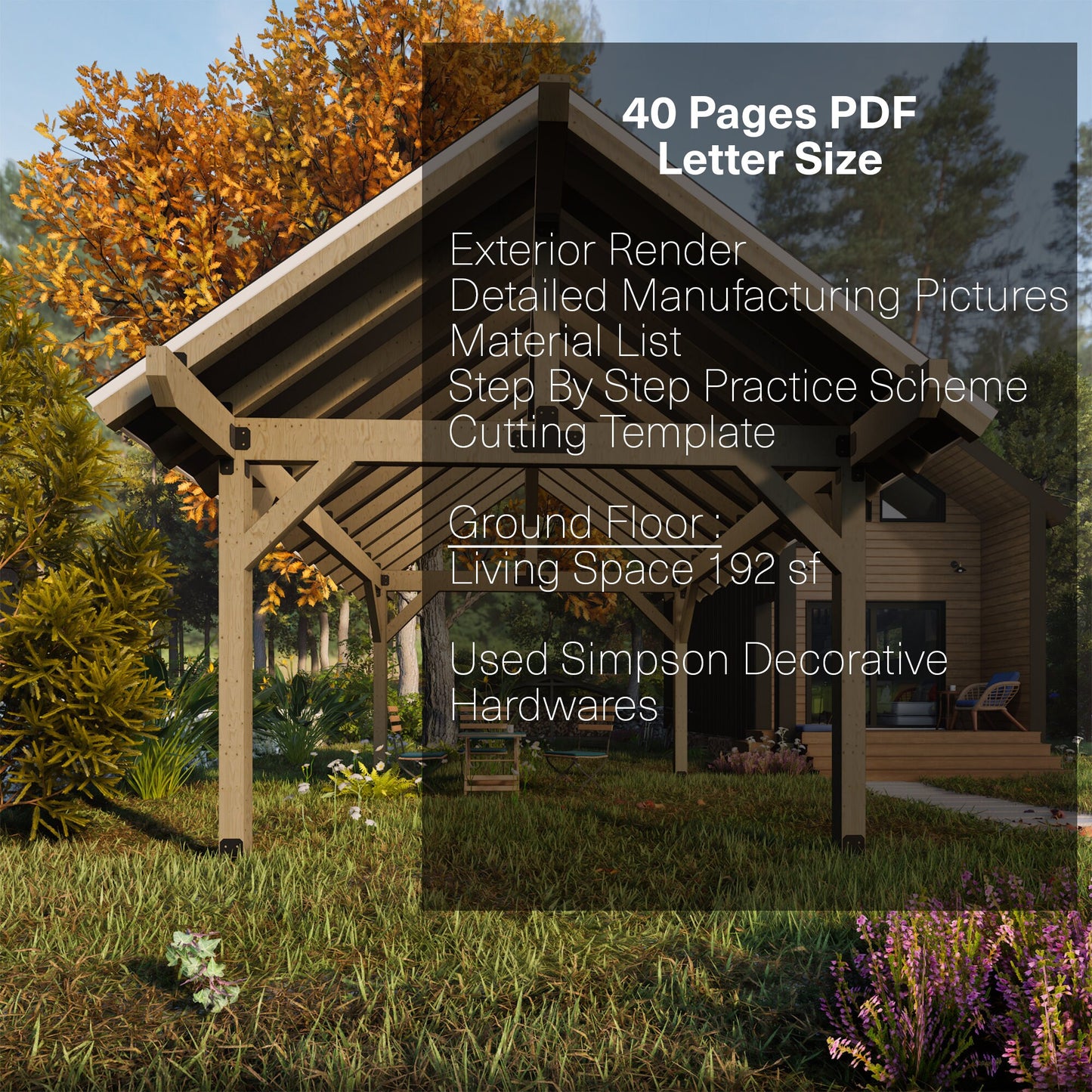 Gazebo Plan, Pavilion Plan, 12x16, Gable Roof, Wooden Carport DIY Blueprints with Material List and Cut List