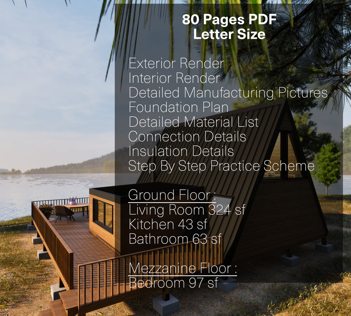 A Frame Cabin Plan, Tiny Home Plans, Large Tiny House Plan, Modern Cabin Plans, 20&#39;x24&#39; A Frame Tiny House Plan