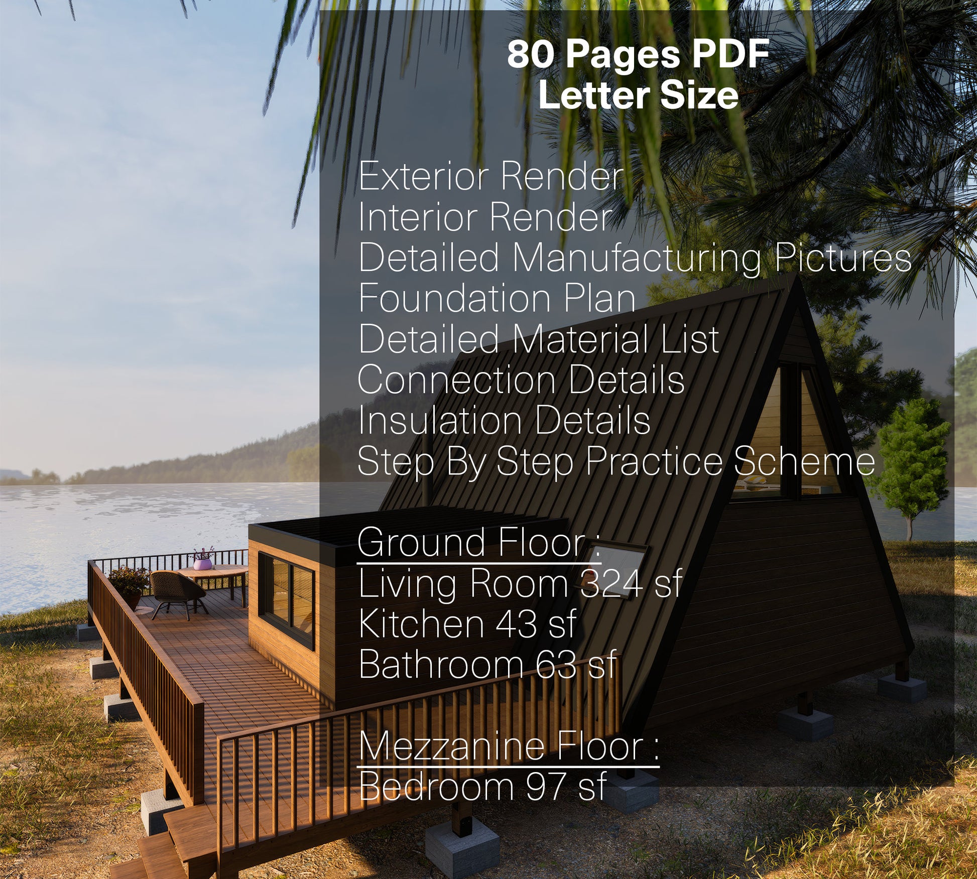 A Frame Cabin Plan, Tiny Home Plans, Large Tiny House Plan, Modern Cabin Plans, 20&#39;x24&#39; A Frame Tiny House Plan