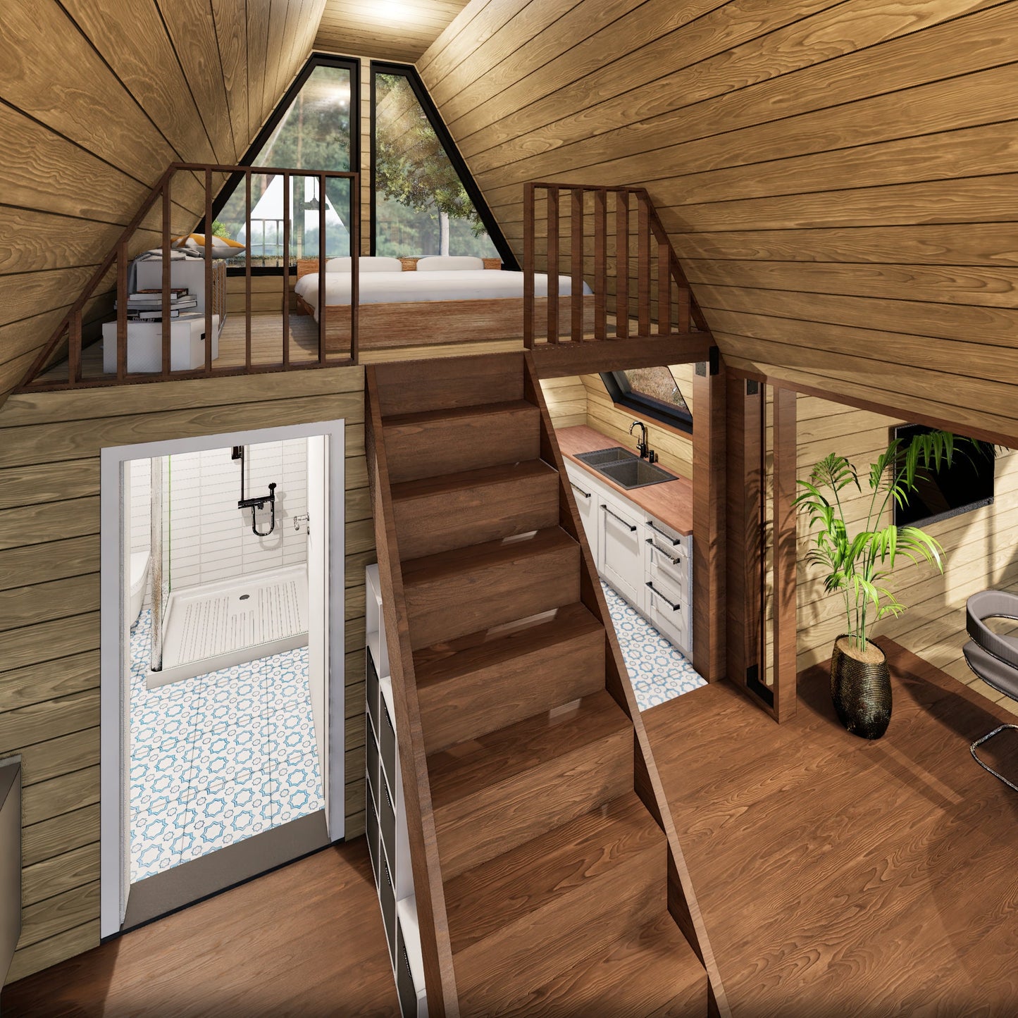 A Frame Cabin Plan, Tiny Home Plans, Large Tiny House Plan, Modern Cabin Plans, 20&#39;x24&#39; A Frame Tiny House Plan