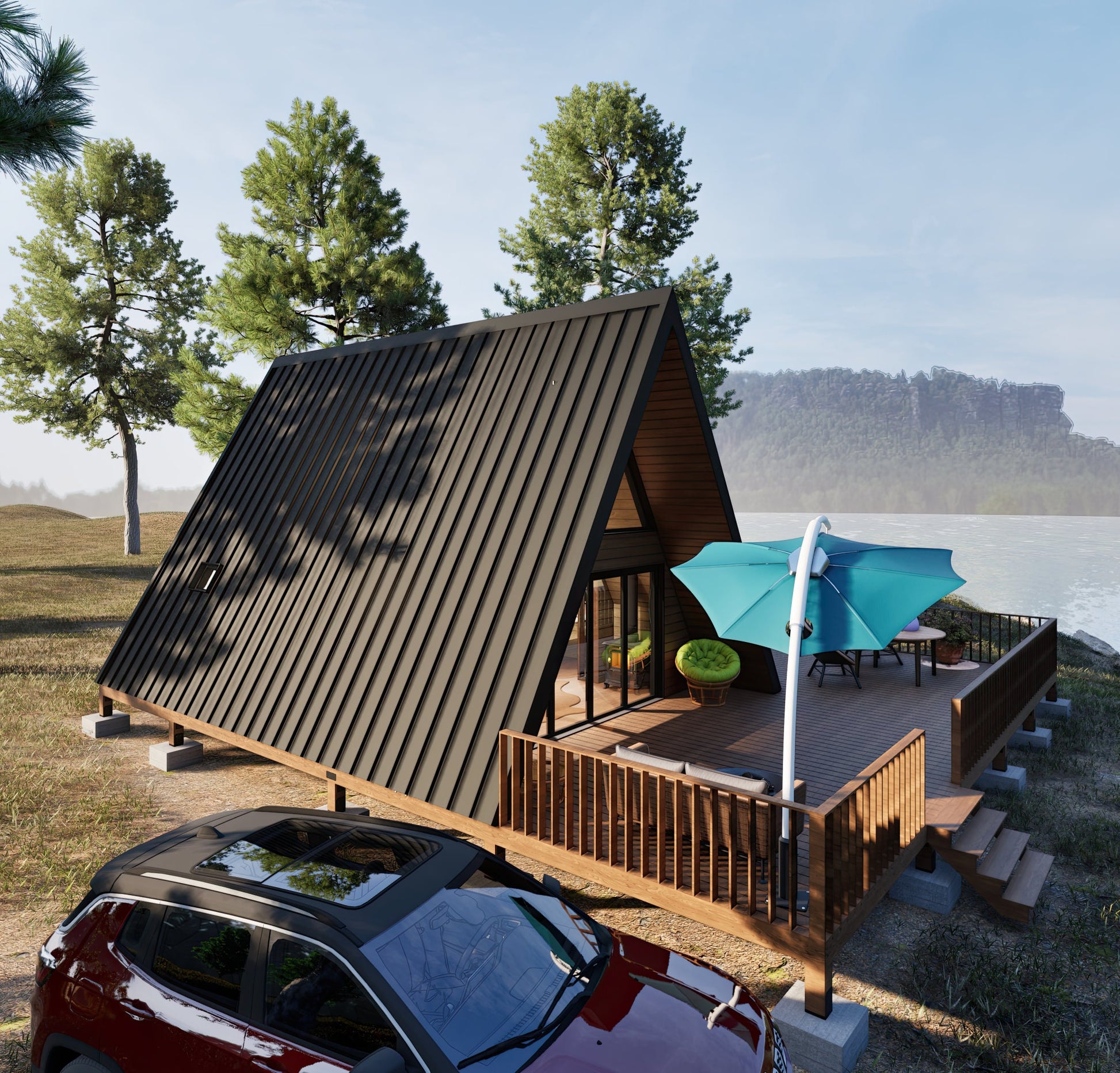 A Frame Cabin Plan, Tiny Home Plans, Large Tiny House Plan, Modern Cabin Plans, 20&#39;x24&#39; A Frame Tiny House Plan