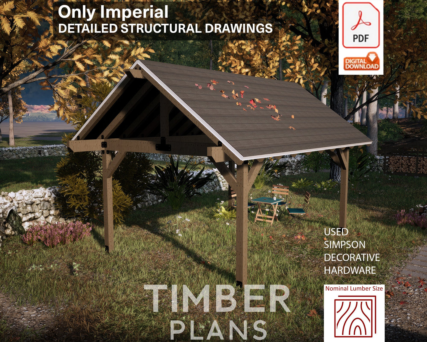 Gazebo Plan, Pavilion Plan, 12x16, Gable Roof, Wooden Carport DIY Blueprints with Material List and Cut List