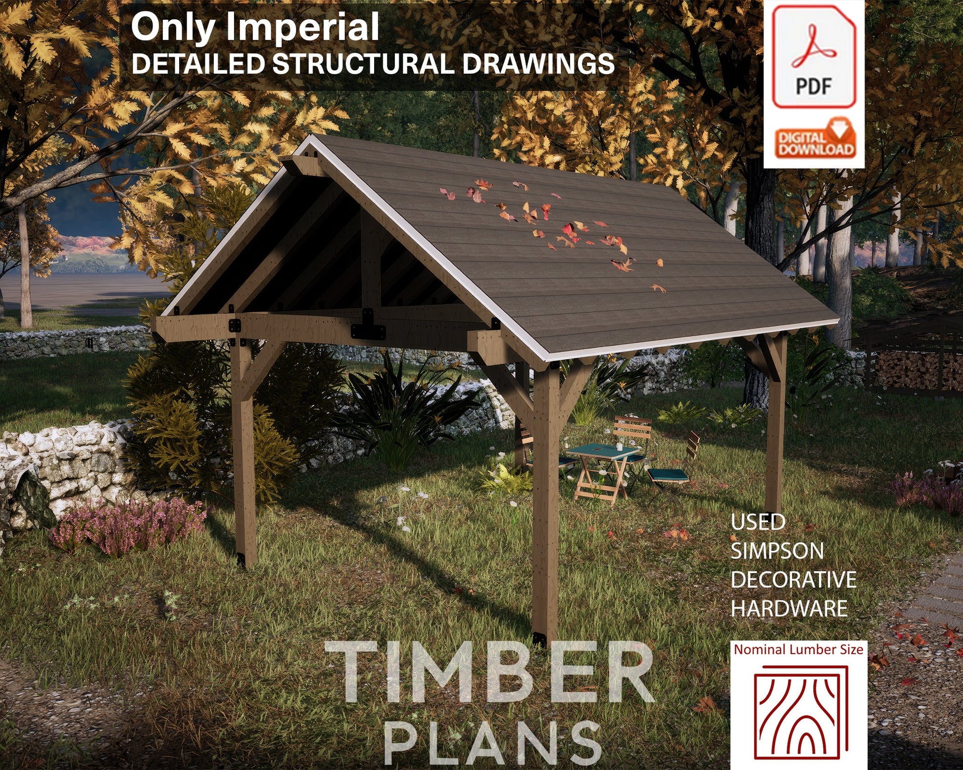 Gazebo Plan, Pavilion Plan, 12x16, Gable Roof, Wooden Carport DIY Blueprints with Material List and Cut List