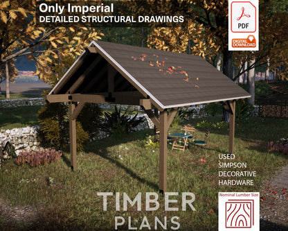 Gazebo Plan, Pavilion Plan, 12x16, Gable Roof, Wooden Carport DIY Blueprints with Material List and Cut List