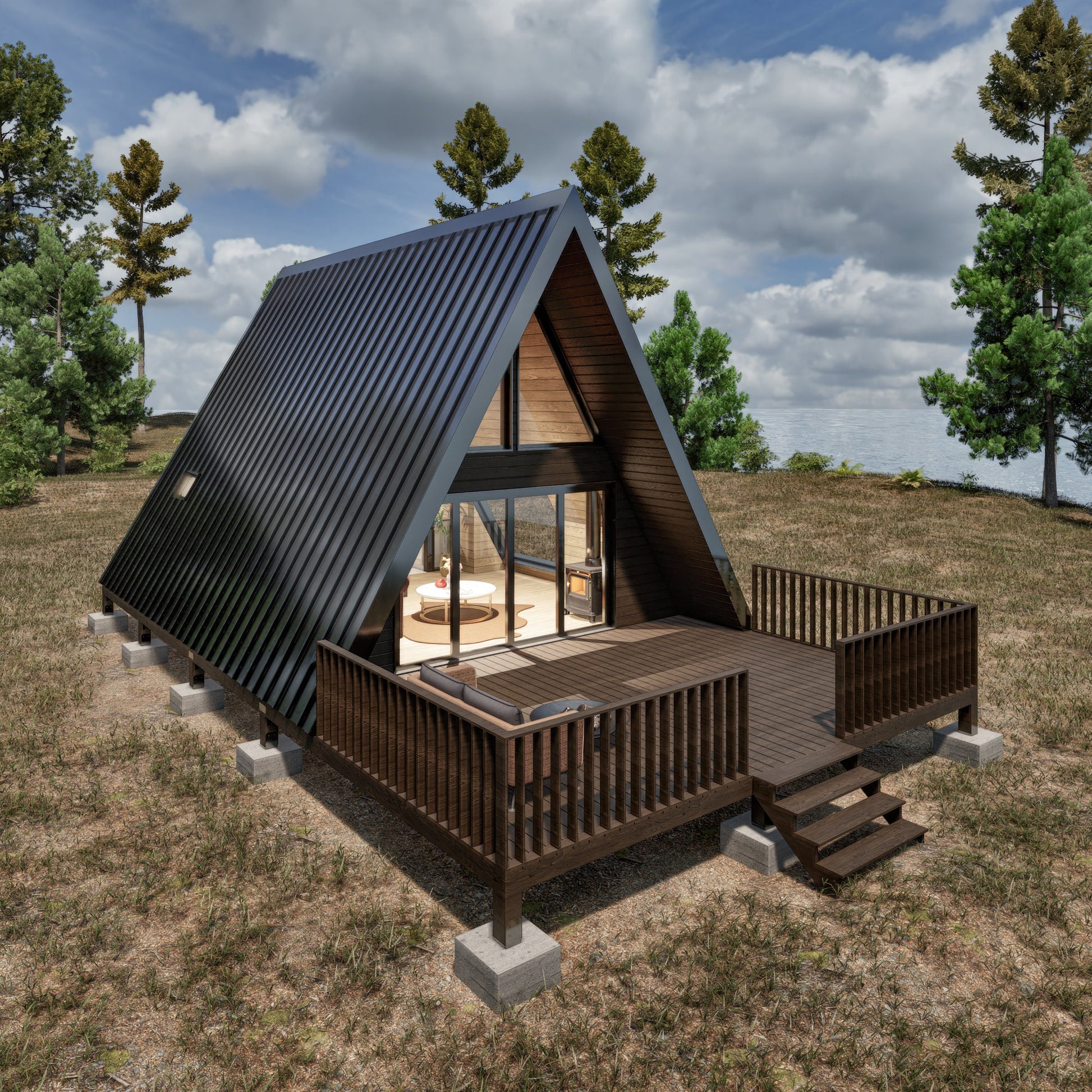 Modern A-Frame Tiny House Plan, A Frame Cabin Plans, Modern A-Frame House Plan | Custom A-Frame Cabin Plans for Tinyhouse Living, A Frame Tiny House Plan, Blueprint pdf plan, Aframe House, Small House Plan, Modern Cabin Plan, Modern A Frame villa