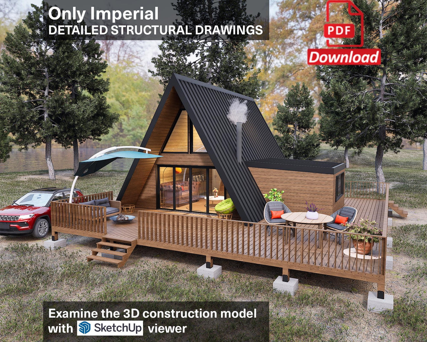 A Frame Cabin Plan, Tiny Home Plans, Large Tiny House Plan, Modern Cabin Plans, 20&#39;x24&#39; A Frame Tiny House Plan