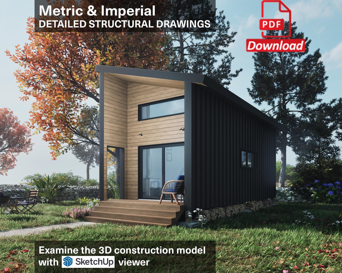 Tiny House Plans, 12x28 Tiny Home Plans, Modern Cabin House Plans, Small House Plans, Imperial & Metric, Vacation House Plans, Single Shape Roof House Plan, Two Storey House Plan, Mezzanine House Plan, Budget-Friendly Cottage for Off-Grid Getaways