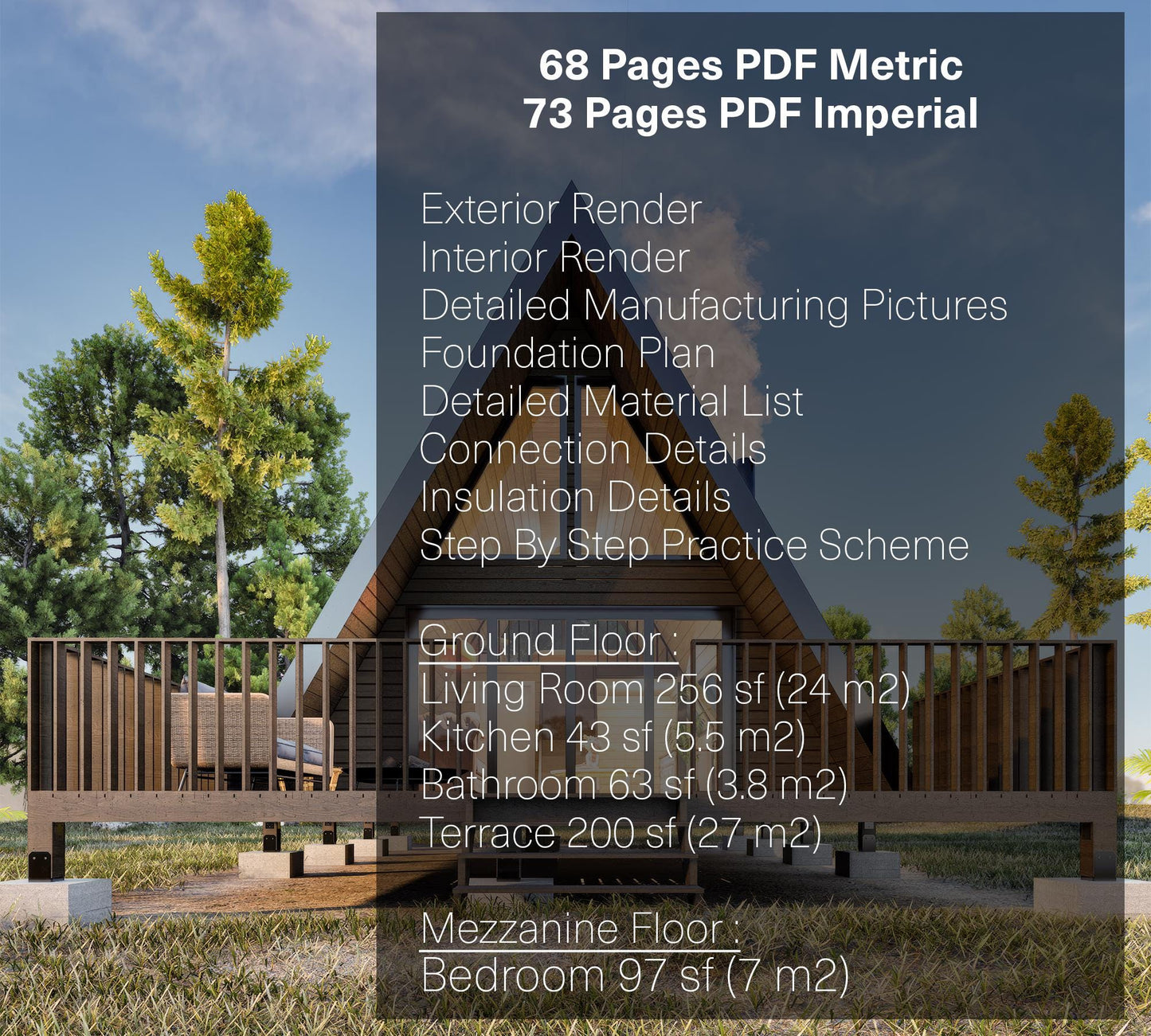 A Frame Tiny House Plan, Modern A-Frame House Plan, A-Frame Cabin Plan, Easy to build, DIY Blueprints, Mezzanine Floor