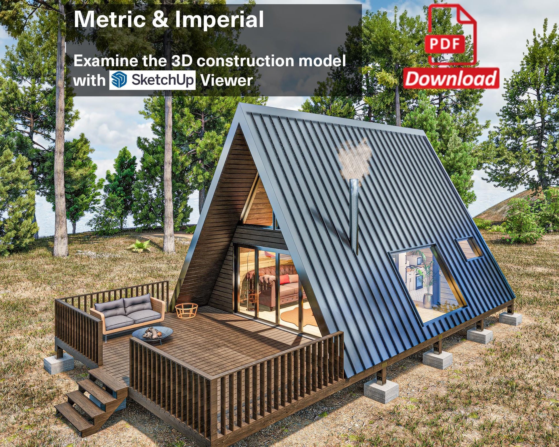 A Frame Tiny House Plan, Modern A-Frame House Plan, A-Frame Cabin Plan, Easy to build, DIY Blueprints, Mezzanine Floor