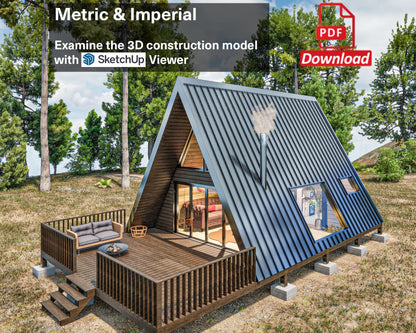 A Frame Tiny House Plan, Modern A-Frame House Plan, A-Frame Cabin Plan, Easy to build, DIY Blueprints, Mezzanine Floor
