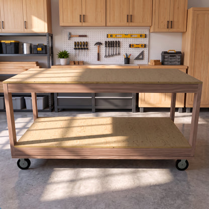 Workbench DIY Plans, Mobile Rolling Workbench, 2x4 Garage Work Table with Storage Shelf