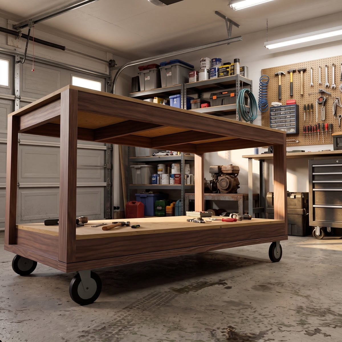 Workbench DIY Plans, Mobile Rolling Workbench, 2x4 Garage Work Table with Storage Shelf